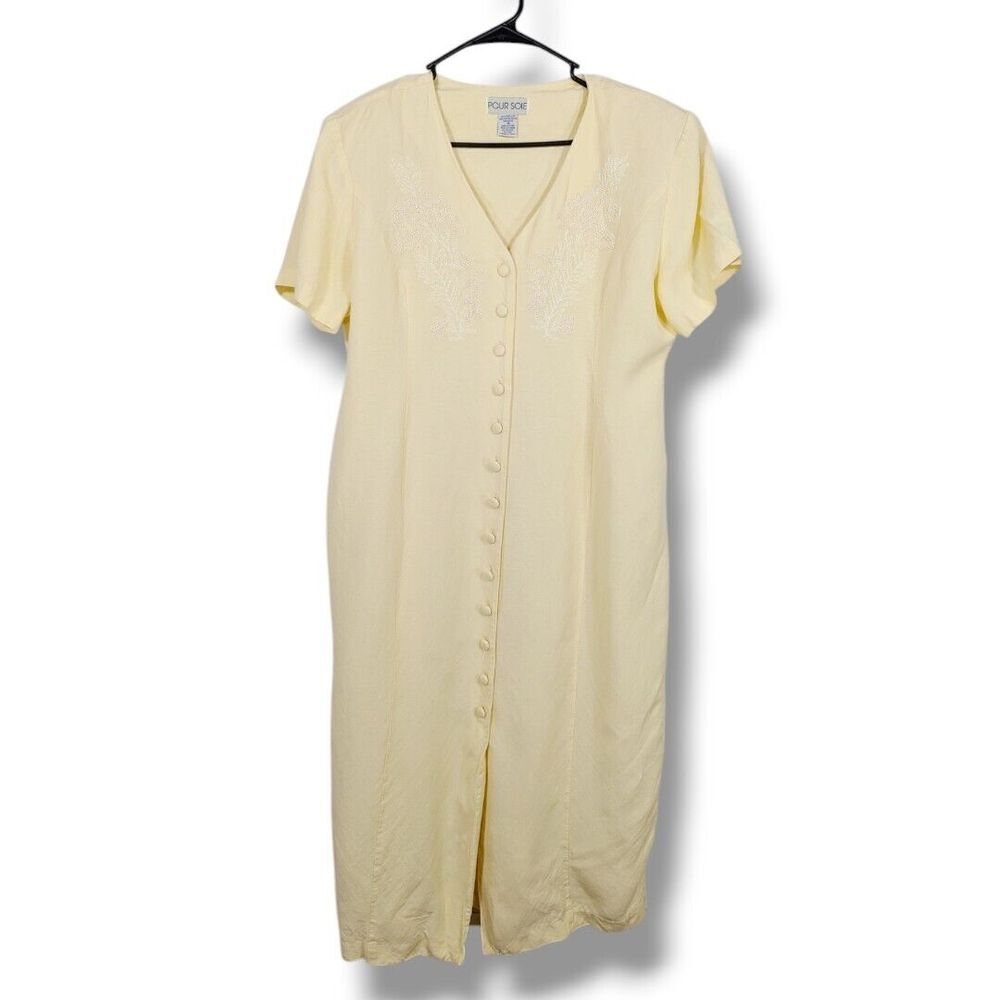 Vintage Pour Soie Midi Dress 16 Linen Blend Shoulder Pads Cottagecore‎ Cabincore